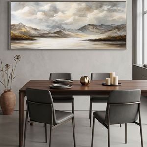 Large Framed Neutral Mountain Lake Landscape Wall Art Cloudy Sky Nature Scenery Canvas Textured Abstracted Earthy Tones Wall Decor for Modern Living Room Bedroom Dining Room Office Hallway