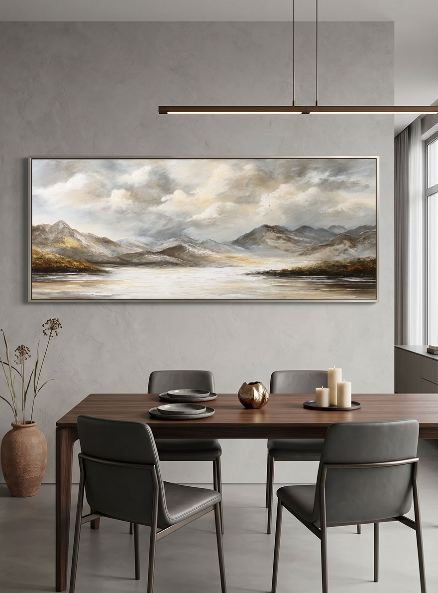 Large Framed Neutral Mountain Lake Landscape Wall Art Cloudy Sky Nature Scenery Canvas Textured Abstracted Earthy Tones Wall Decor for Modern Living Room Bedroom Dining Room Office Hallway