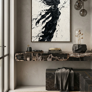 Black and White Textured Impasto Female Silhouette Portrait Canvas Wall Art, Bold Dynamic Black Paint Splatter & Thick Knife/Brush Strokes on Off White Background, High Contrast Modern Artwork for Home & Office Spaces