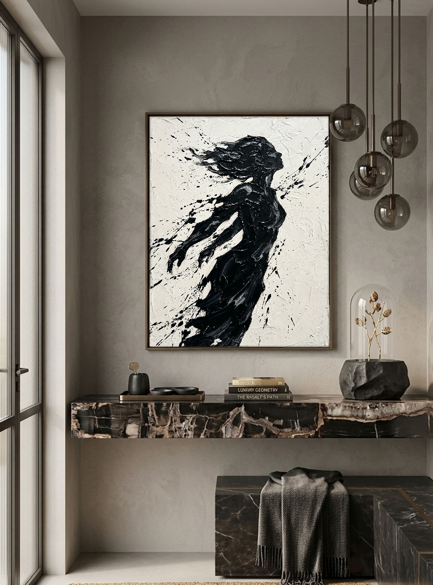 Black and White Textured Impasto Female Silhouette Portrait Canvas Wall Art, Bold Dynamic Black Paint Splatter & Thick Knife/Brush Strokes on Off White Background, High Contrast Modern Artwork for Home & Office Spaces