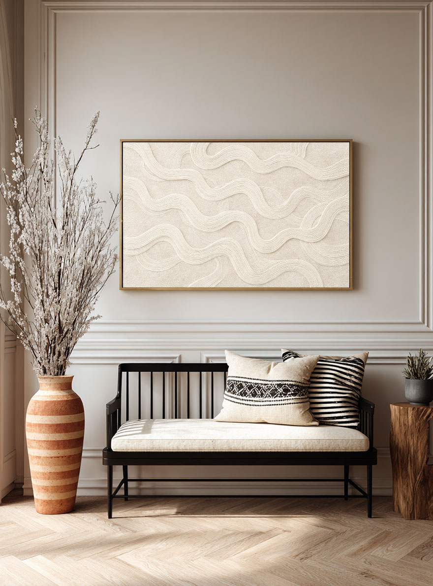Minimalist Neutral Abstract Textured Wall Art Decor, Soft Beige White Wavy Curved Geometric Lines Plaster Artwork, Modern Boho Farmhouse Style Wall Hanging for Living Room Bedroom Dining Room Office Entryway, Large Framed Canvas Wall Painting for