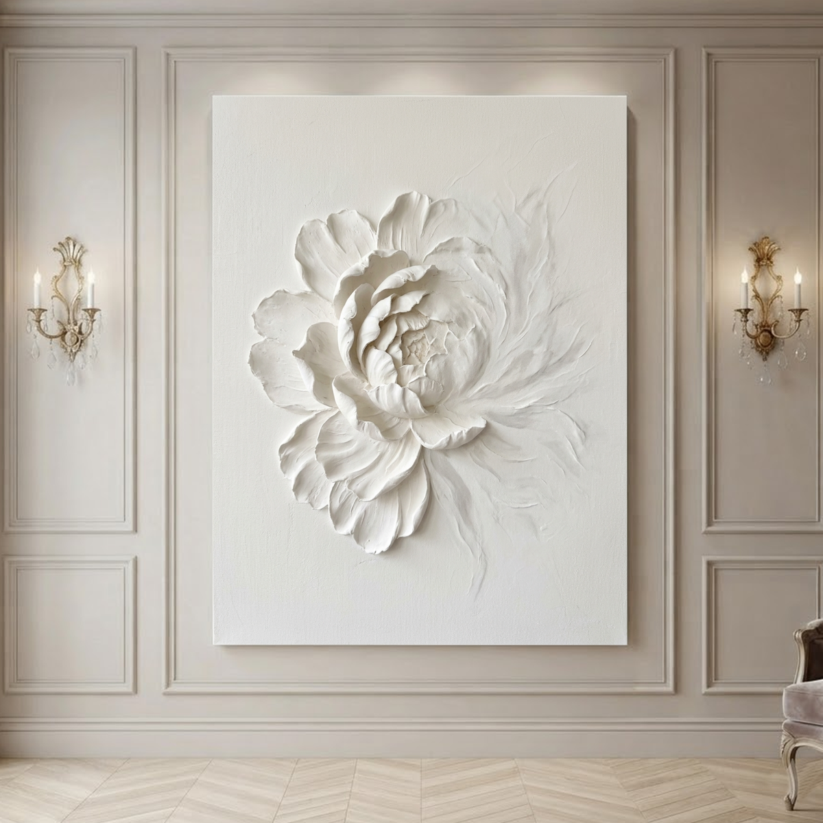 White Flower 3D Relief Textured Vertical Wall Art for Living Room Bedroom