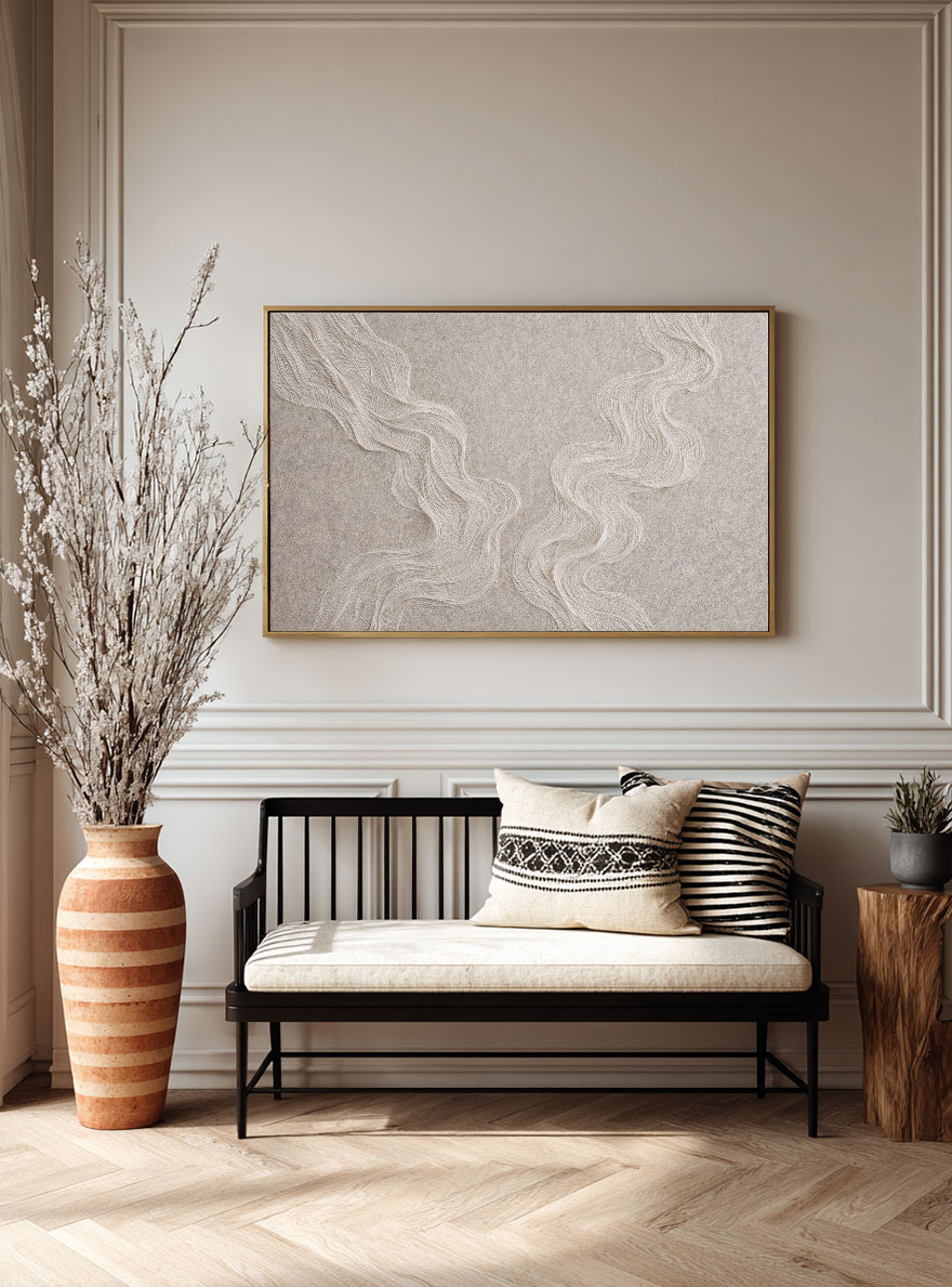 Minimalist Abstract Wavy Lines Textured Framed Canvas Wall Art Soft Neutral Beige White Subtle Organic Decor for Modern Living Room Bedroom Hallway Office Dining Room Cozy Wabi Sabi-Inspired Artwork