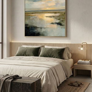 Tranquil Textured Impasto Marshland Sunset Wall Art, Abstract Coastal Wetland Nature Scene Decor, Muted Blue Grey Green Beige Gold Sky Water Painting Style for Modern Farmhouse Living Room Bedroom Dining Office