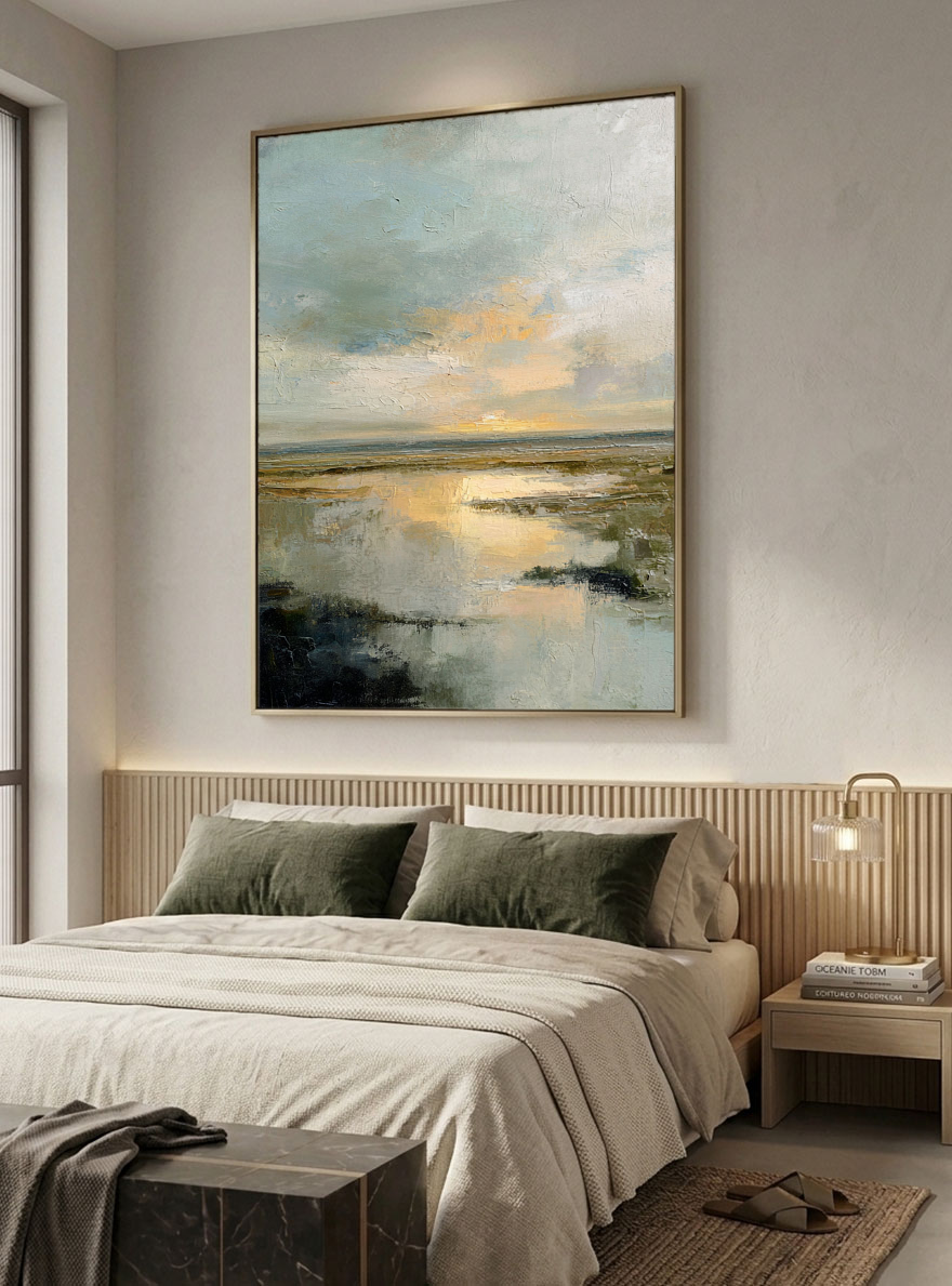 Tranquil Textured Impasto Marshland Sunset Wall Art, Abstract Coastal Wetland Nature Scene Decor, Muted Blue Grey Green Beige Gold Sky Water Painting Style for Modern Farmhouse Living Room Bedroom Dining Office