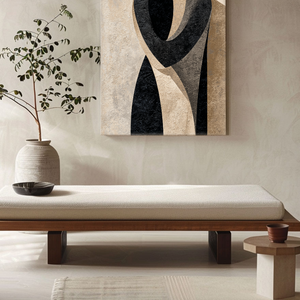 Modern Abstract Geometric Portrait Black Beige Medium Grey Figure Textured Canvas Wall Art Neutral Minimalist Figurative Artwork for Home Office Living Room Bedroom Decor