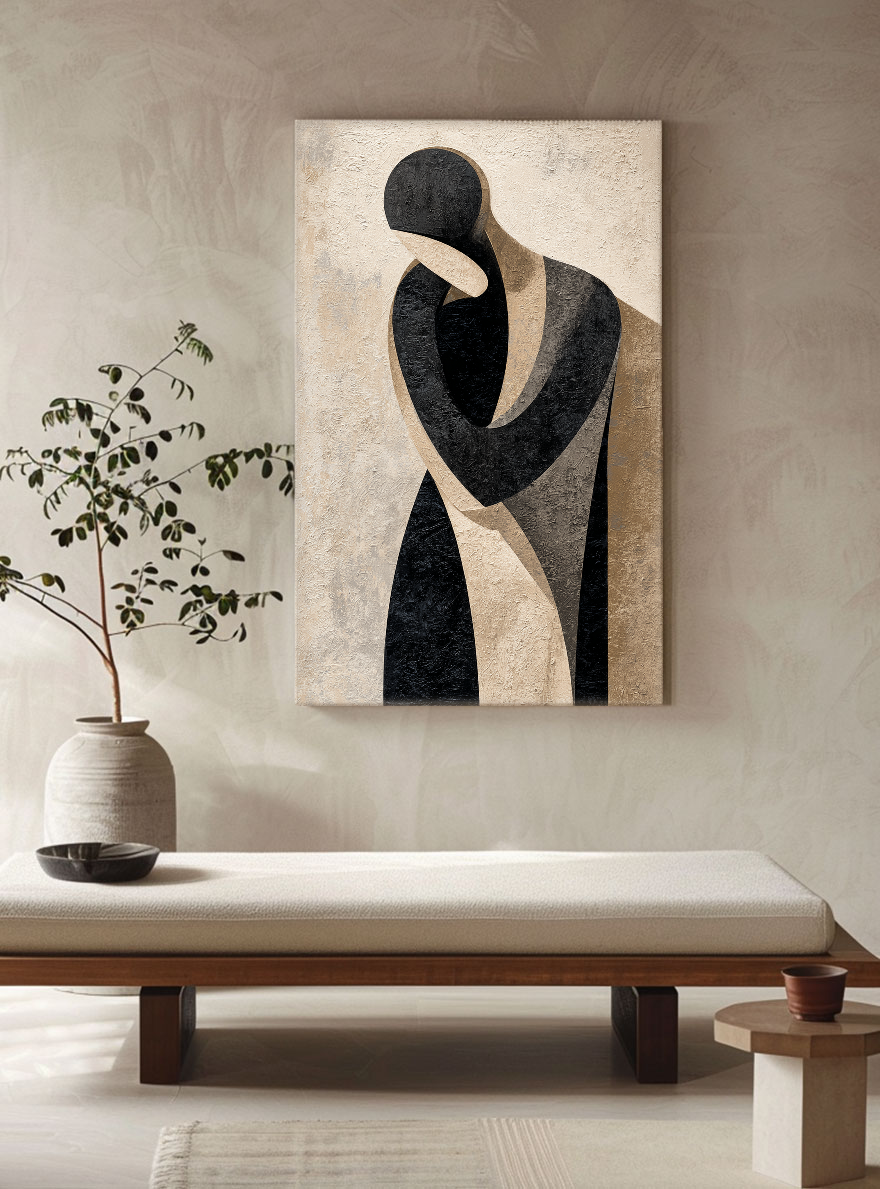 Modern Abstract Geometric Portrait Black Beige Medium Grey Figure Textured Canvas Wall Art Neutral Minimalist Figurative Artwork for Home Office Living Room Bedroom Decor