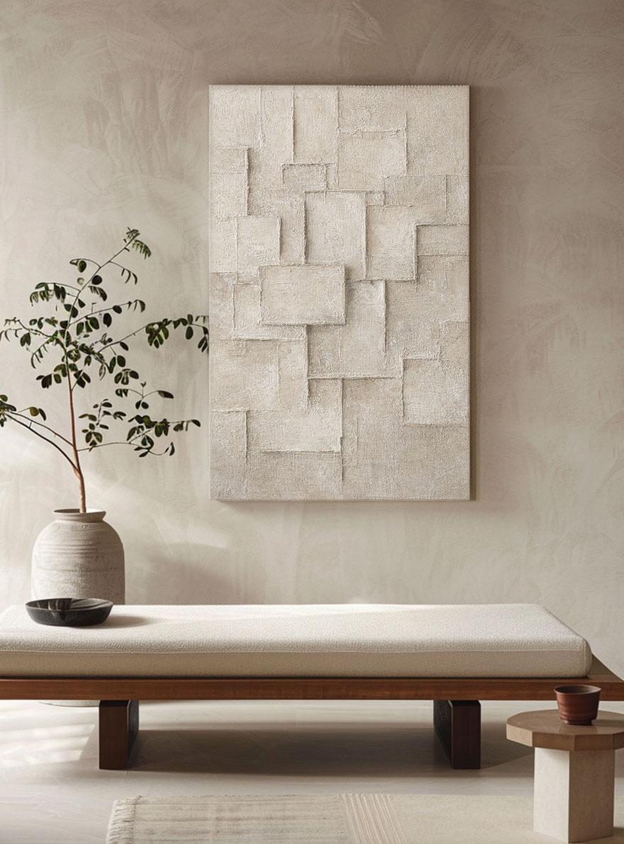 Minimalist Asymmetrical Neutral Geometric Blocks Wabi Sabi Wall Art, Beige & Light Brown Muted Tone 3D Relief Plaster Artwork, Modern Textured Abstract Decor for Contemporary Home