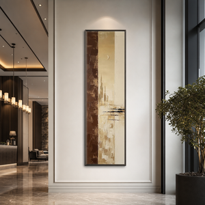 Minimalist Beige Brown Gold Abstract Textured Framed Canvas Wall Art, Vertical Large Size Modern Warm Earthy Tone Impasto Knife Painting for Living Room Bedroom Office Hallway Dining, Soft Moonlit Skyline Scene Artwork