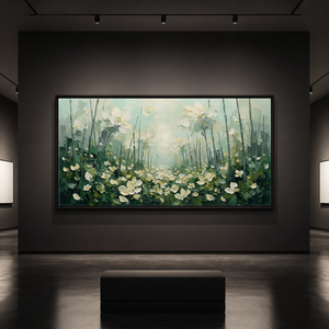 Serene Impasto White Meadow in Sage Green in art gallery