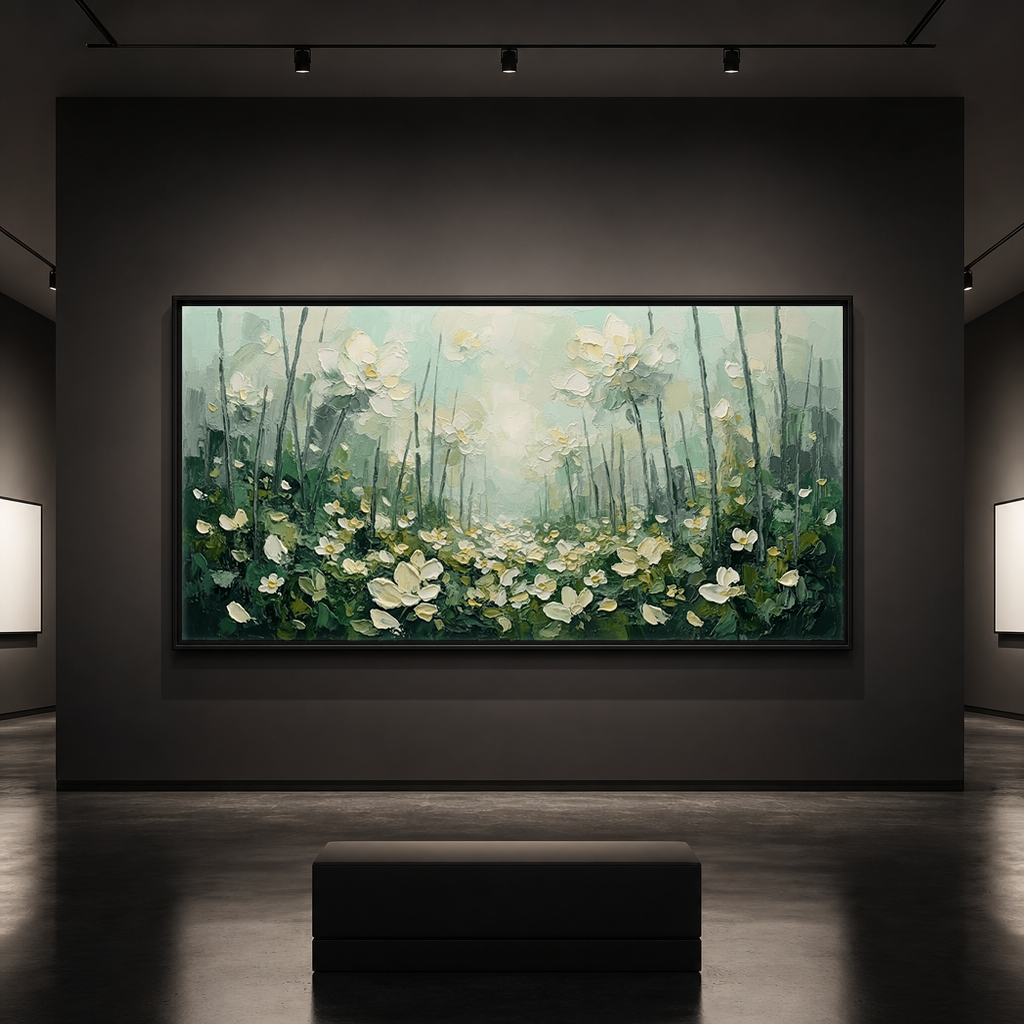 Serene Impasto White Meadow in Sage Green in art gallery