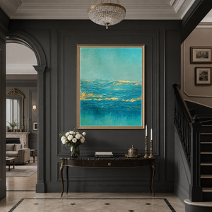 Teal Turquoise Gold Abstract Textured Acrylic Style Vertical Wall Art for Living Room