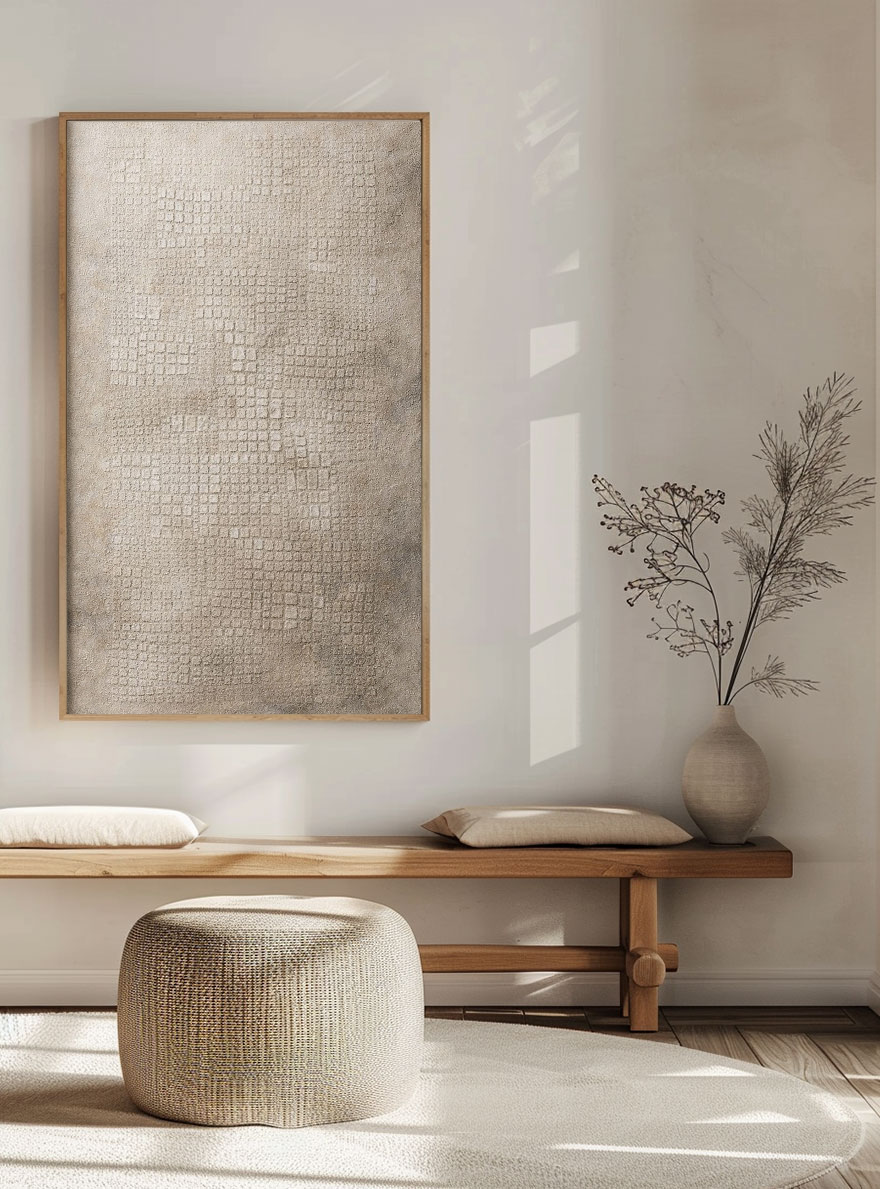 Minimalist Subtle Textured Wabi Sabi Inspired Neutral Beige Dark Grey Abstract Wall Art for Modern Home Office Living Room Bedroom Dining Hallway Decor with Muted Asymmetrical Imperfect Natural Aged Look Framed Canvas Print