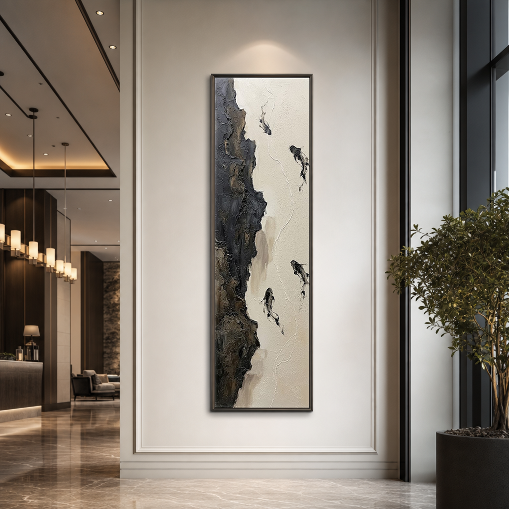 Abstract Black White Brown Beige Koi Fish Impasto Textured Vertical Wall Art Minimalist Nature-Inspired Framed Canvas, Perfect for Modern Home Office Living Room Bedroom Hallway Dining Room Decor
