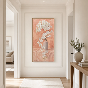 Elegant White Orchid Flower in Soft Light Grey Vase on Blush Pink Textured Background Framed Canvas Wall Art - Botanical Still Life Painting with Thick Impasto Brushstrokes for Modern Minimalist Living Room Bedroom Office Home Decor