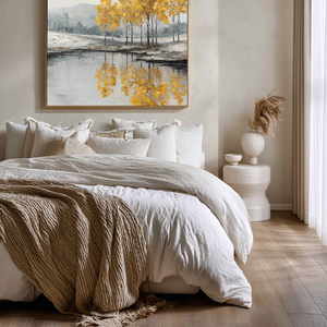 Golden Tree Reflection Landscape Wall Art Textured Impasto Framed Artwork Muted Grey White Lake Scene Wall Decor for Living Room Bedroom Office Dining Hallway