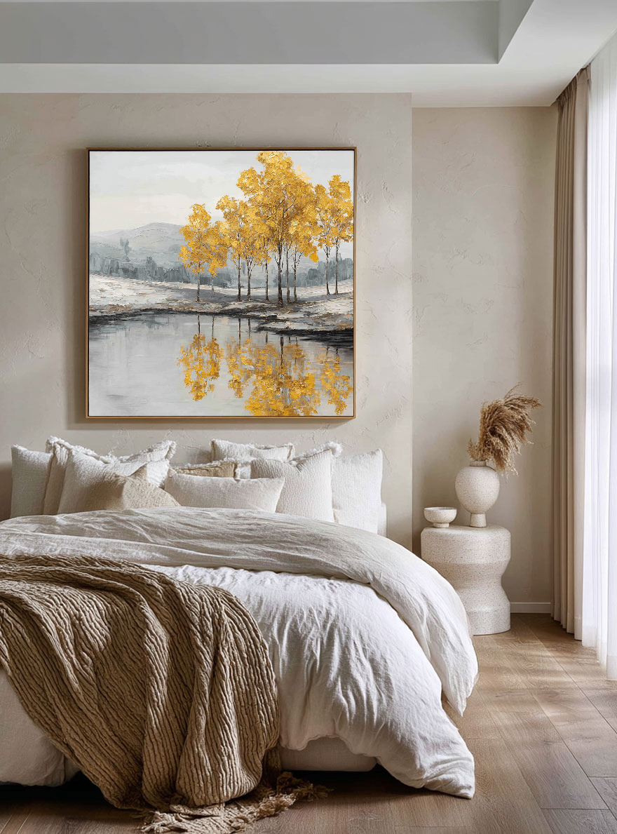 Golden Tree Reflection Landscape Wall Art Textured Impasto Framed Artwork Muted Grey White Lake Scene Wall Decor for Living Room Bedroom Office Dining Hallway