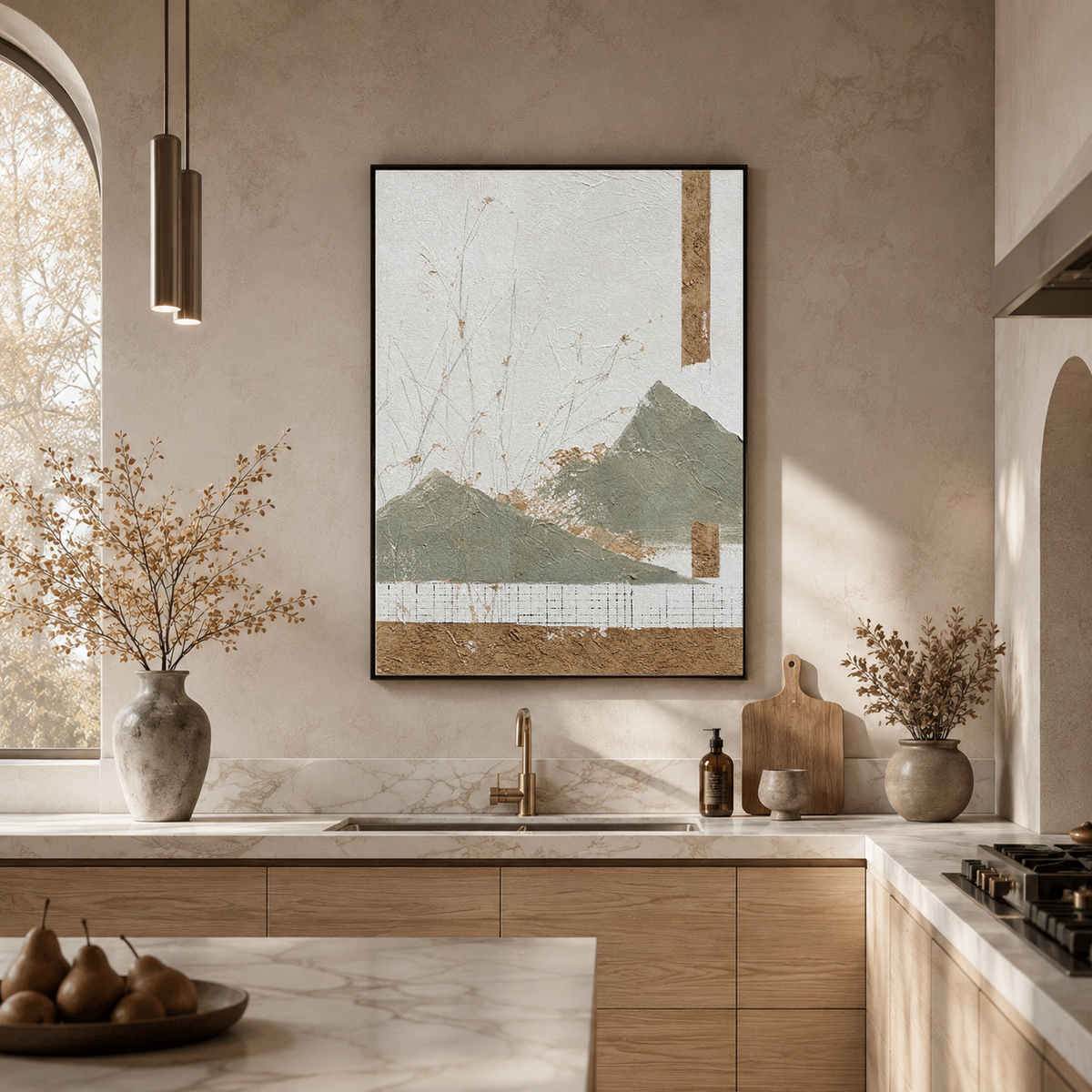 Landscape Sage Green, Earthy Brown, Off-White Abstract Textured Plaster-Style Vertical Wall Art for Dining Room or Living Room