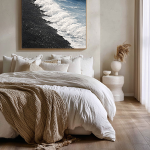 Black Sand Beach Ocean Wave Textured Coastal Landscape Wall Art Abstract Thick Paint Impasto Framed Artwork for Living Room Bedroom