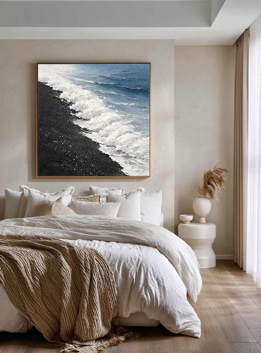 Black Sand Beach Ocean Wave Textured Coastal Landscape Wall Art Abstract Thick Paint Impasto Framed Artwork for Living Room Bedroom