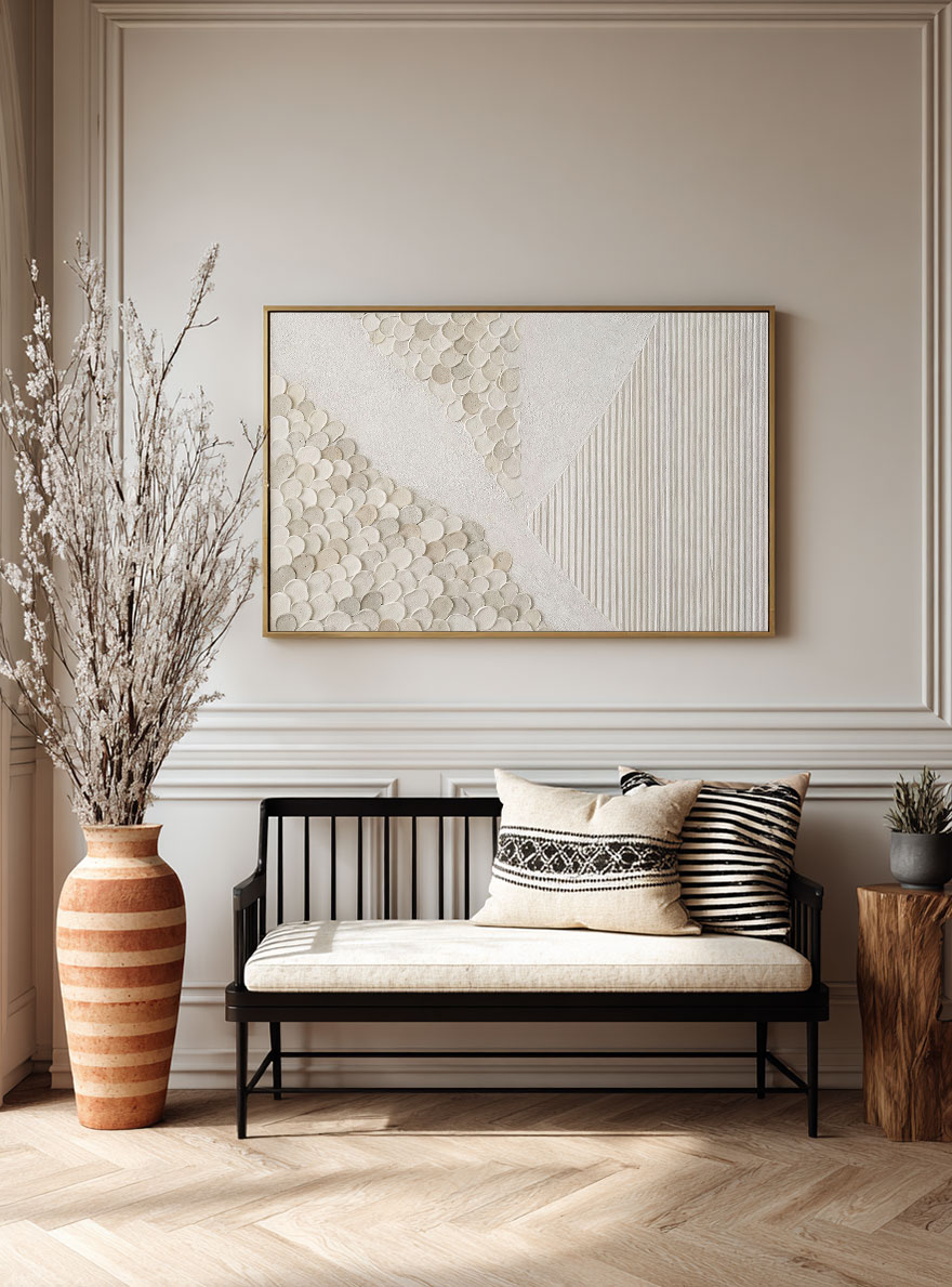 Minimalist Abstract Textured Geometric Wall Art, Neutral Beige White Light Grey Wall Decor with Asymmetrical 3D Relief Circles & Lines, Modern Wabi Sabi Wall Art for Living Room Bedroom Office Dining Room Hallway