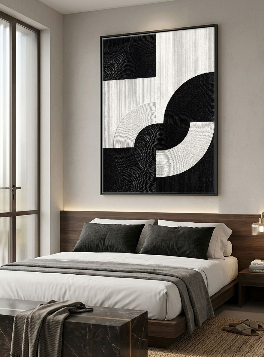 Modern Black and White Geometric Abstract Textured Wall Art, High Contrast Minimalist Block and Curve Design, Thick Monochrome Raised Canvas Artwork for Living Room Bedroom Office Dining Room Hallway