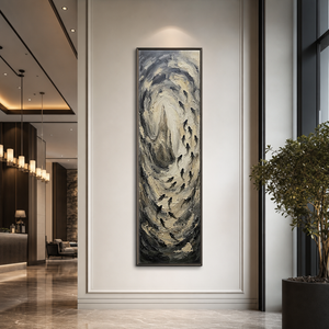 Monochrome Textured Swirling Black Beige Dark Grey Impasto Abstract Vertical Framed Wall Art with Silhouetted Fish School Motifs – Muted Elegant Decor for Contemporary Home or Office Spaces