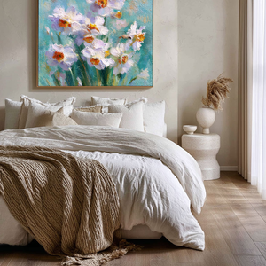 White Daffodils Flower Impasto Oil Painting on Canvas, Turquoise Blue Background Textured Floral Wall Art, Modern Living Room Bedroom Home Decor
