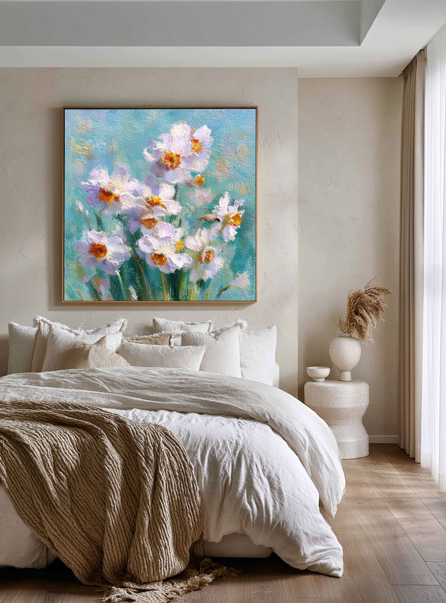 White Daffodils Flower Impasto Oil Painting on Canvas, Turquoise Blue Background Textured Floral Wall Art, Modern Living Room Bedroom Home Decor
