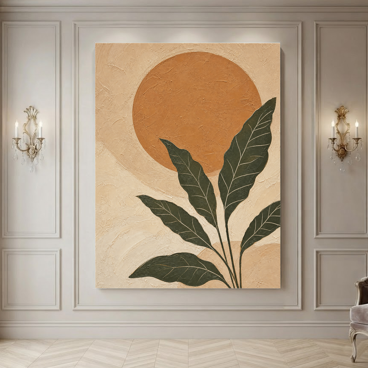 Boho Botanical Wall Art Minimalist Nature-Inspired Leaf Sun Landscape Modern Framed Canvas Painting, Thick Textured Earthy Green Brown Beige Artwork for Living Room Bedroom Office Dining Room Hallway