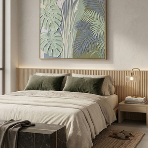 Elegant Tropical Botanical Textured 3D Relief Wall Art Featuring Monstera Palm Fronds Pampas Grass Muted Sage Olive Green Beige Medium Grey Curved Background Living Room Bedroom Dining Hallway Office Modern Nature Inspired Decor Piece