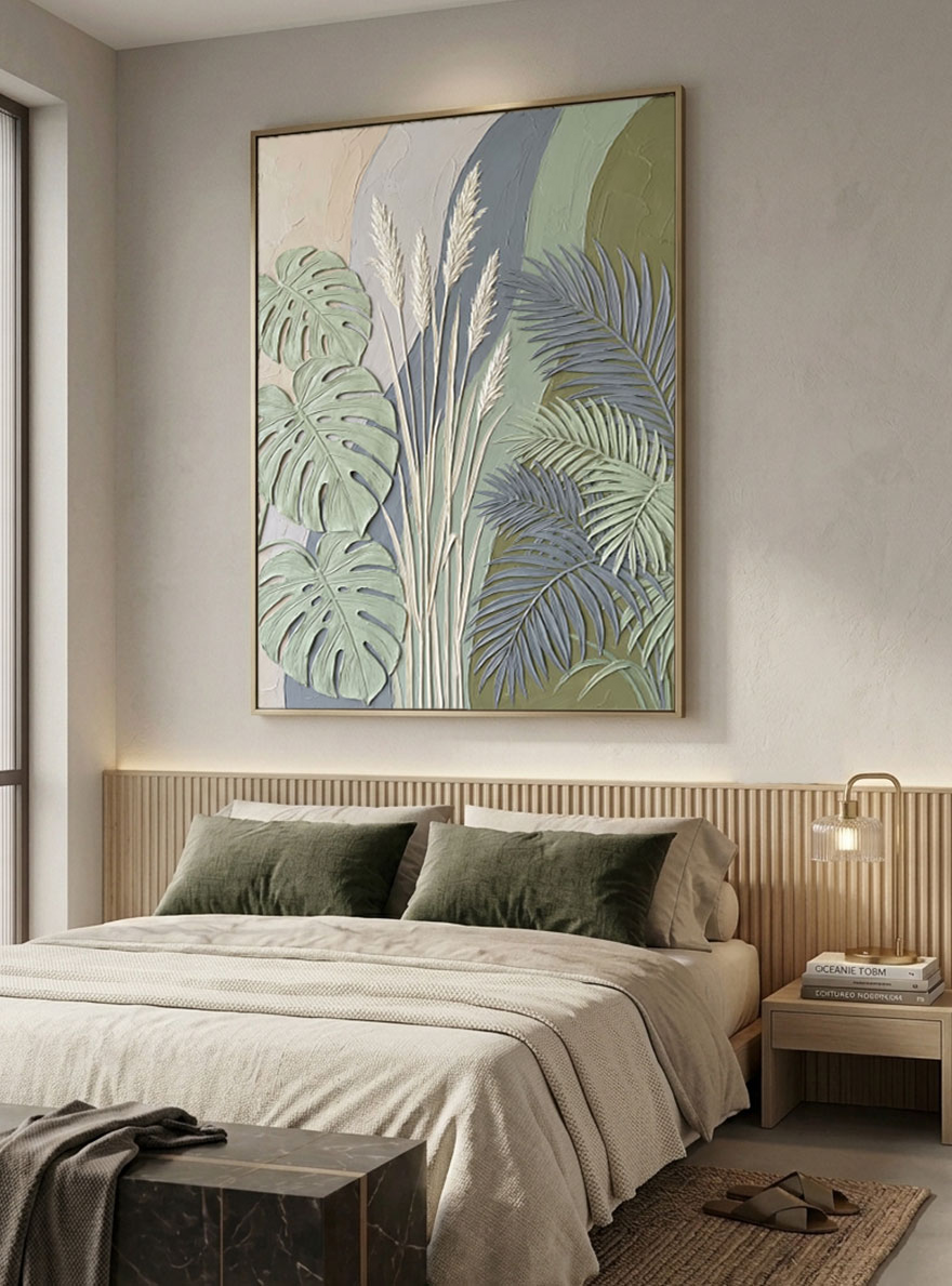 Elegant Tropical Botanical Textured 3D Relief Wall Art Featuring Monstera Palm Fronds Pampas Grass Muted Sage Olive Green Beige Medium Grey Curved Background Living Room Bedroom Dining Hallway Office Modern Nature Inspired Decor Piece