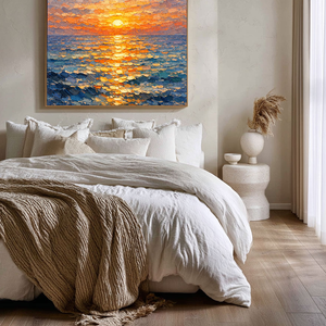 Impasto Ocean Sunset Wall Art Thick Knife Paint Textured Blue Orange Yellow Coastal Nature Artwork Sunset Reflection Sea Wave Vibrant Framed Canvas Painting for Living Room Bedroom Dining Room Office Hallway Home Decor