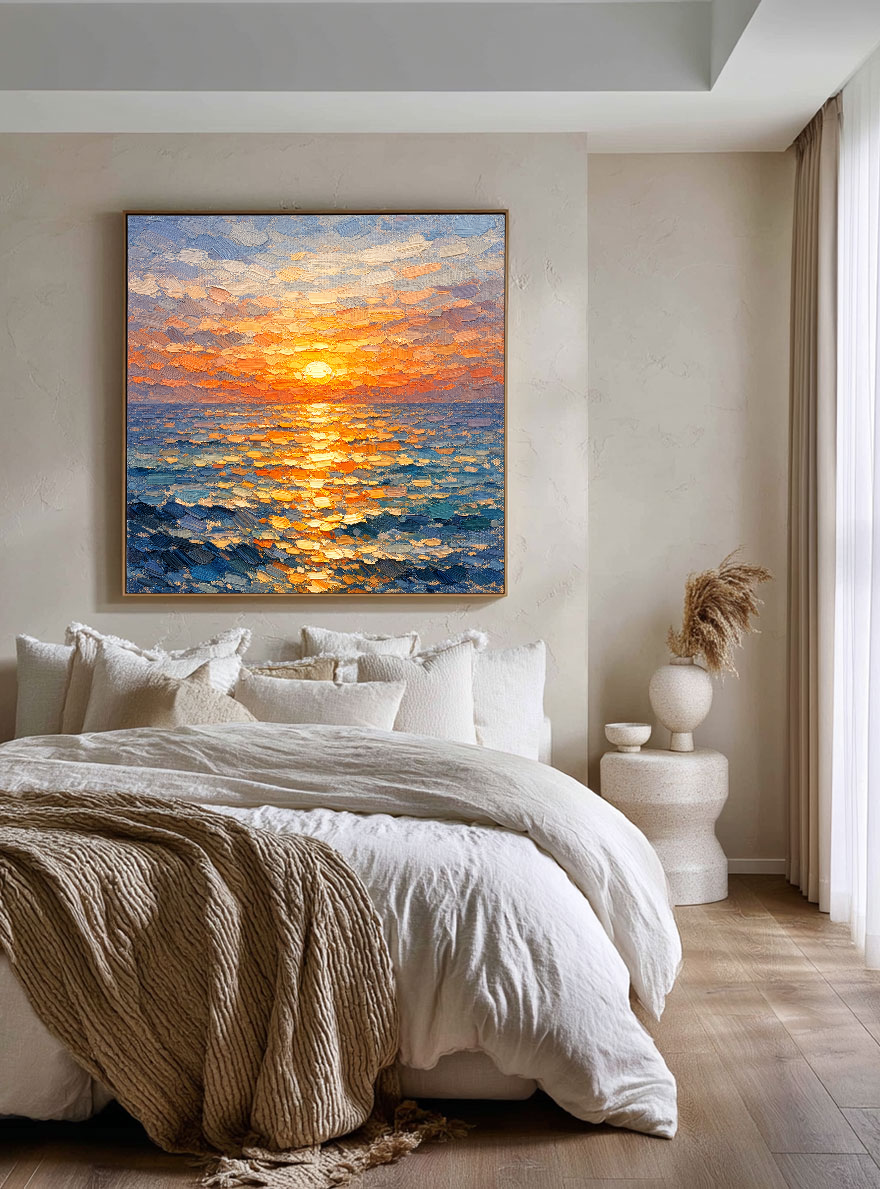Impasto Ocean Sunset Wall Art Thick Knife Paint Textured Blue Orange Yellow Coastal Nature Artwork Sunset Reflection Sea Wave Vibrant Framed Canvas Painting for Living Room Bedroom Dining Room Office Hallway Home Decor