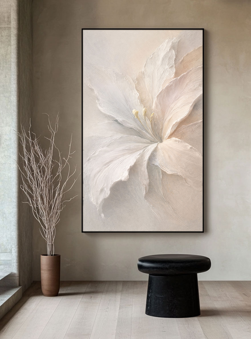 Elegant Soft White Beige Lily Flower Textured Wall Art Minimalist Botanical Decor Modern Aesthetic Artwork for Cozy Home Office Living Room Bedroom Dining Room Hallway