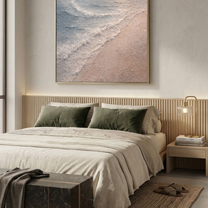 Textured Ocean Sunset Coastal Wall Art, Thick Impasto Painting for Modern Home Decor, Calm Beach Landscape with Beige Sand Blue Ocean White Waves and Soft Orange Sun, Warm Minimalist Coastal Artwork