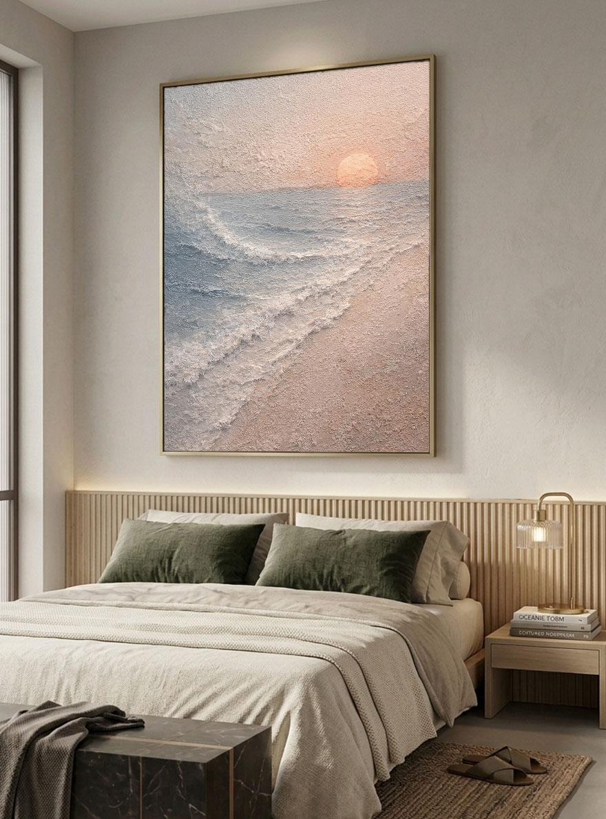 Textured Ocean Sunset Coastal Wall Art, Thick Impasto Painting for Modern Home Decor, Calm Beach Landscape with Beige Sand Blue Ocean White Waves and Soft Orange Sun, Warm Minimalist Coastal Artwork
