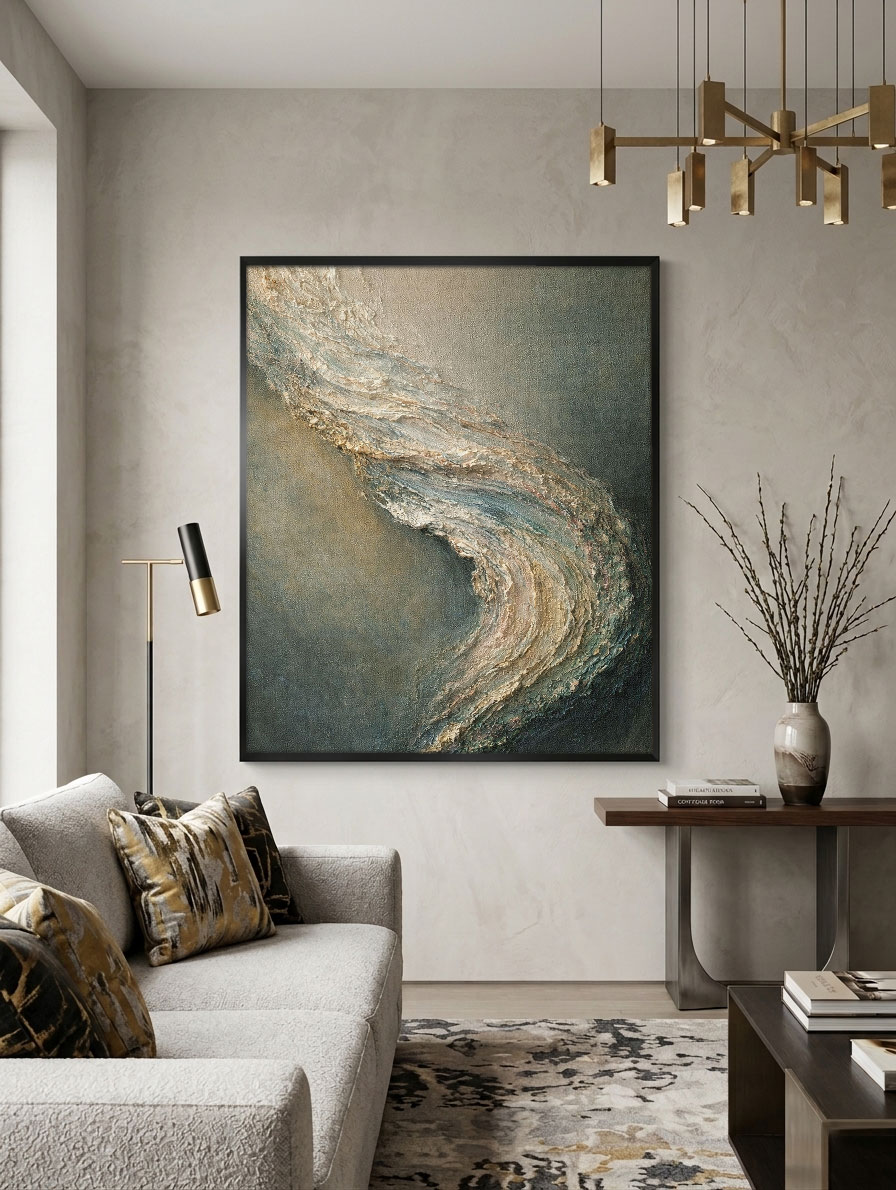 Abstract Textured Impasto Wall Art Muted Dark Grey Beige Light Grey Curved Wave Canvas Modern Minimalist Home Decor for Living Room Bedroom Office Dining Room Hallway