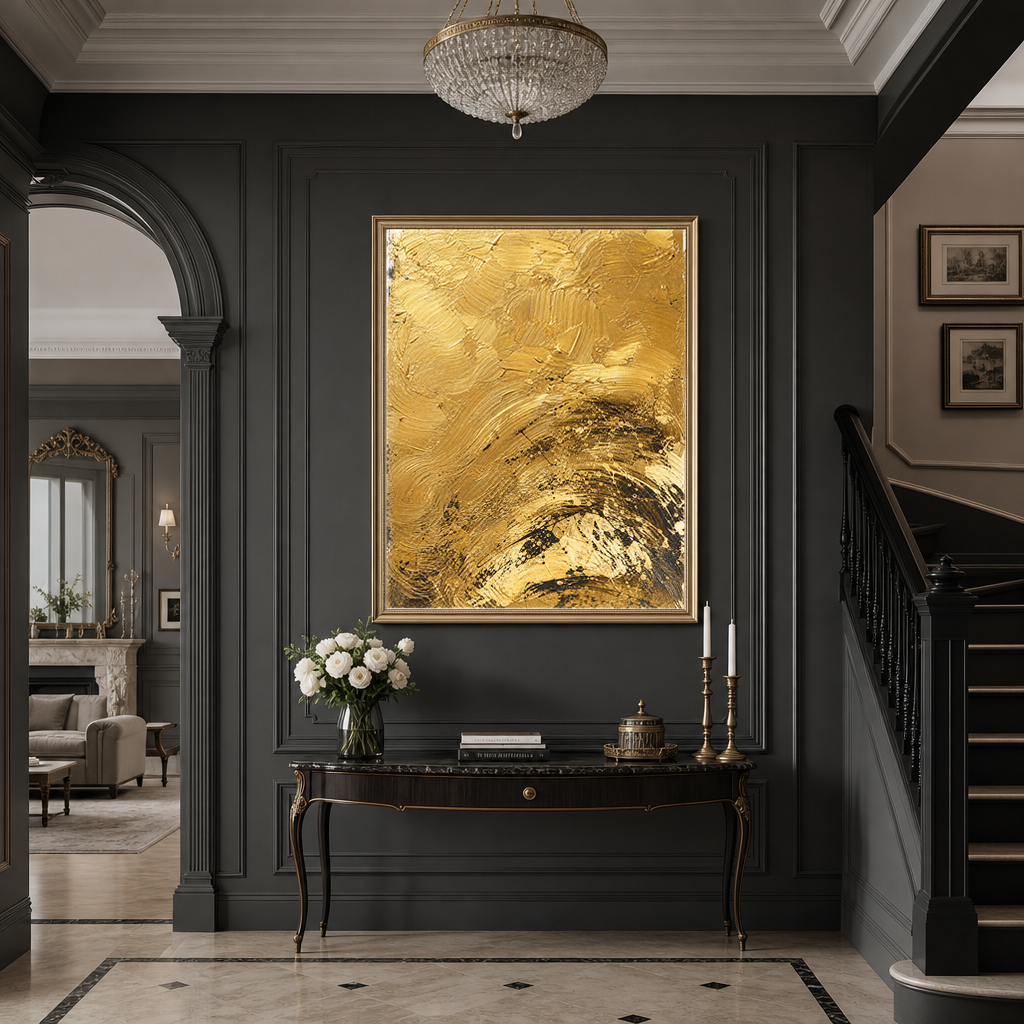 Abstract Gold and Black Textured Acrylic-Style Vertical Wall Art for Living Room
