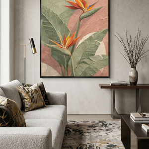 Tropical Bird of Paradise Flower Textured Wall Art, Soft Pink Green White Curved Background Modern Minimalist Botanical Canvas Print, Vibrant Orange Accent Framed Plant Painting for Home Decor