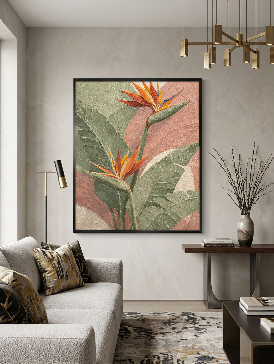 Tropical Bird of Paradise Flower Textured Wall Art, Soft Pink Green White Curved Background Modern Minimalist Botanical Canvas Print, Vibrant Orange Accent Framed Plant Painting for Home Decor