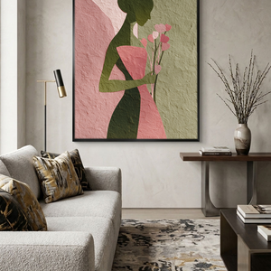 Abstract Minimalist Female Portrait Silhouette with Soft Pink Muted Green Tones, Holding Delicate Heart-Shaped Flower Stems Textured Canvas Print Wall Decor for Modern Home Office Styling