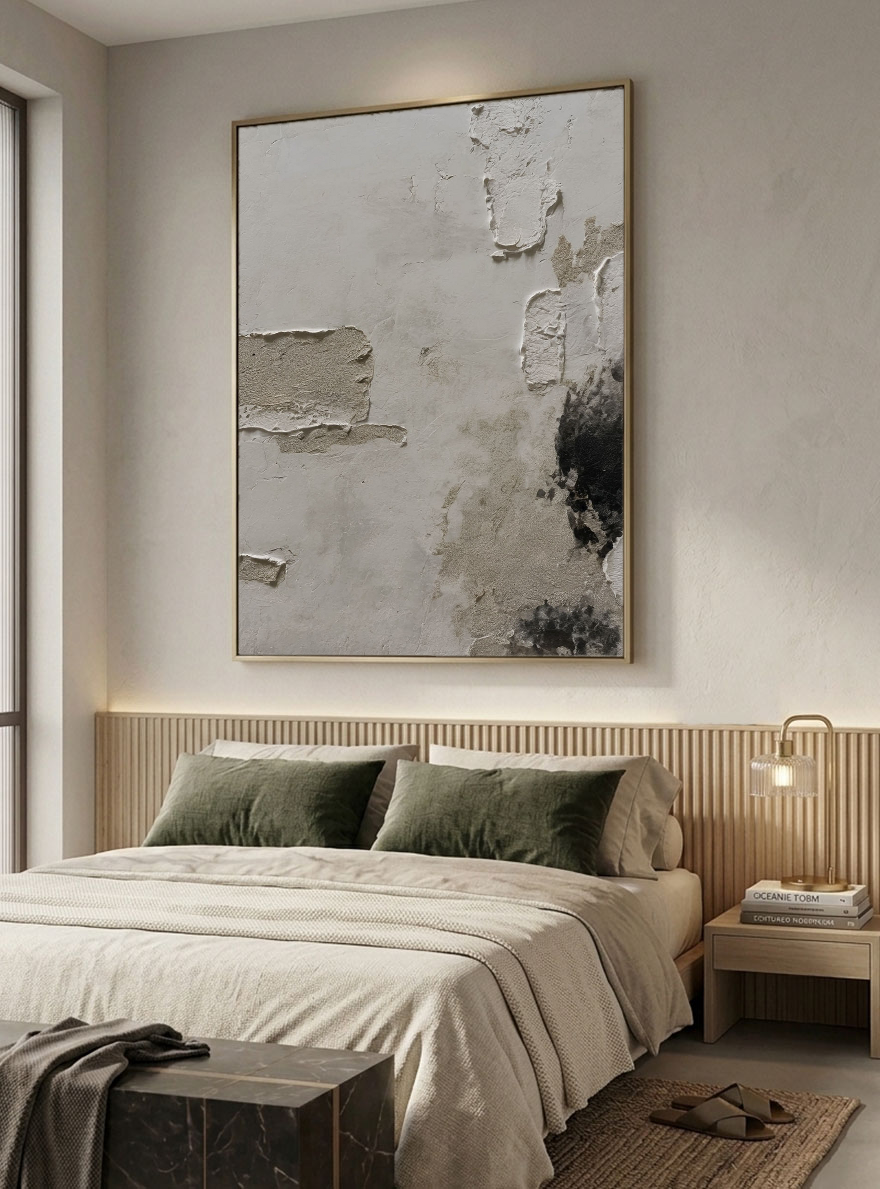 Minimalist Asymmetrical Wabi Sabi Abstract Textured Plaster Wall Art, Neutral Beige Black Dark Medium Grey Real Pigment Tones, Aged Worn Imperfect Texture, Modern Contemporary Boho Home Decor for Living Room Bedroom Office Dining Room Hallway