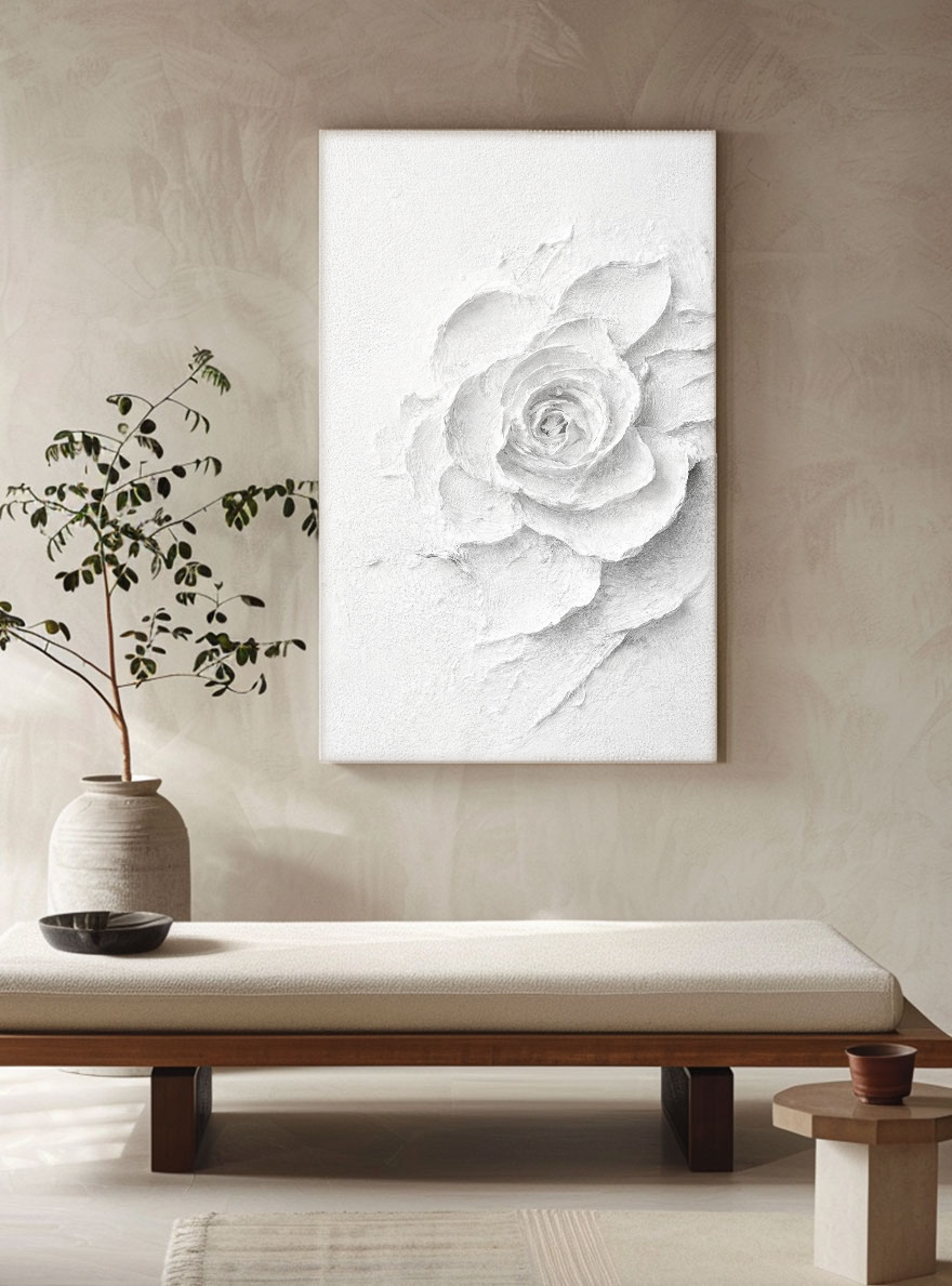 Minimalist White Textured 3D Rose Flower Impasto Wall Art Elegant Modern Neutral Decor for Living Room Bedroom Office