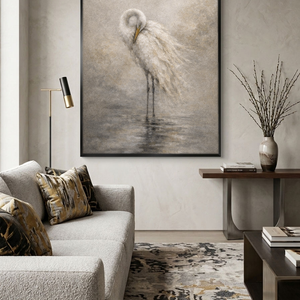 Vintage Muted White Egret Standing in Water Textured Wall Art Neutral Coastal Nature Animal Painting for Bedroom Living Room Dining Room Office Hallway