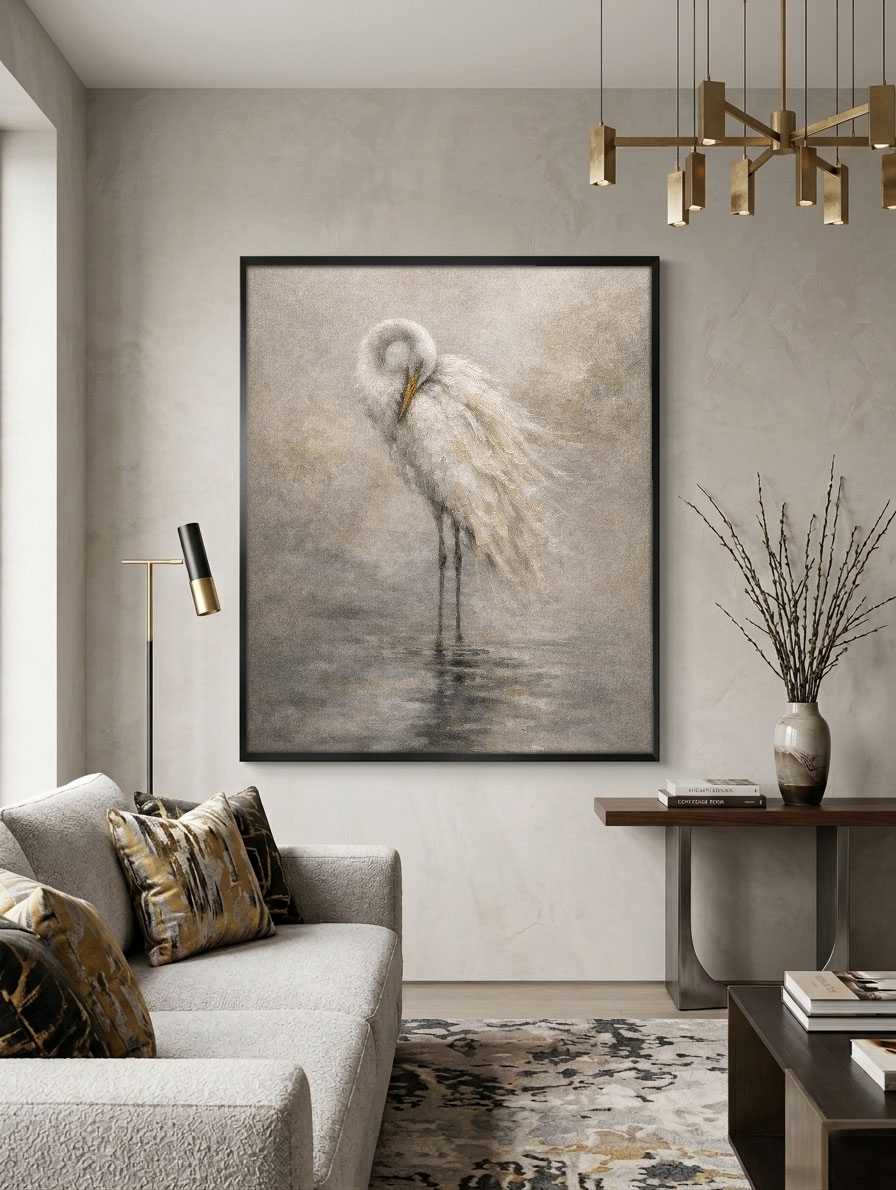 Vintage Muted White Egret Standing in Water Textured Wall Art Neutral Coastal Nature Animal Painting for Bedroom Living Room Dining Room Office Hallway