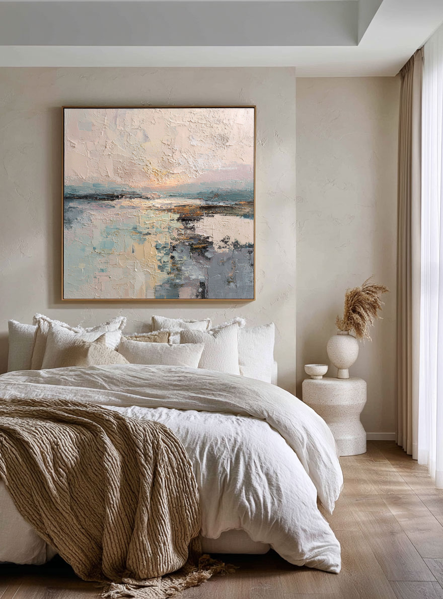 Abstract Ocean Sky Landscape Textured Wall Art, Soft Pink Beige Blue White Impasto Painting for Modern Home Decor, Calm Nature Inspired Artwork for Living Room Bedroom Office
