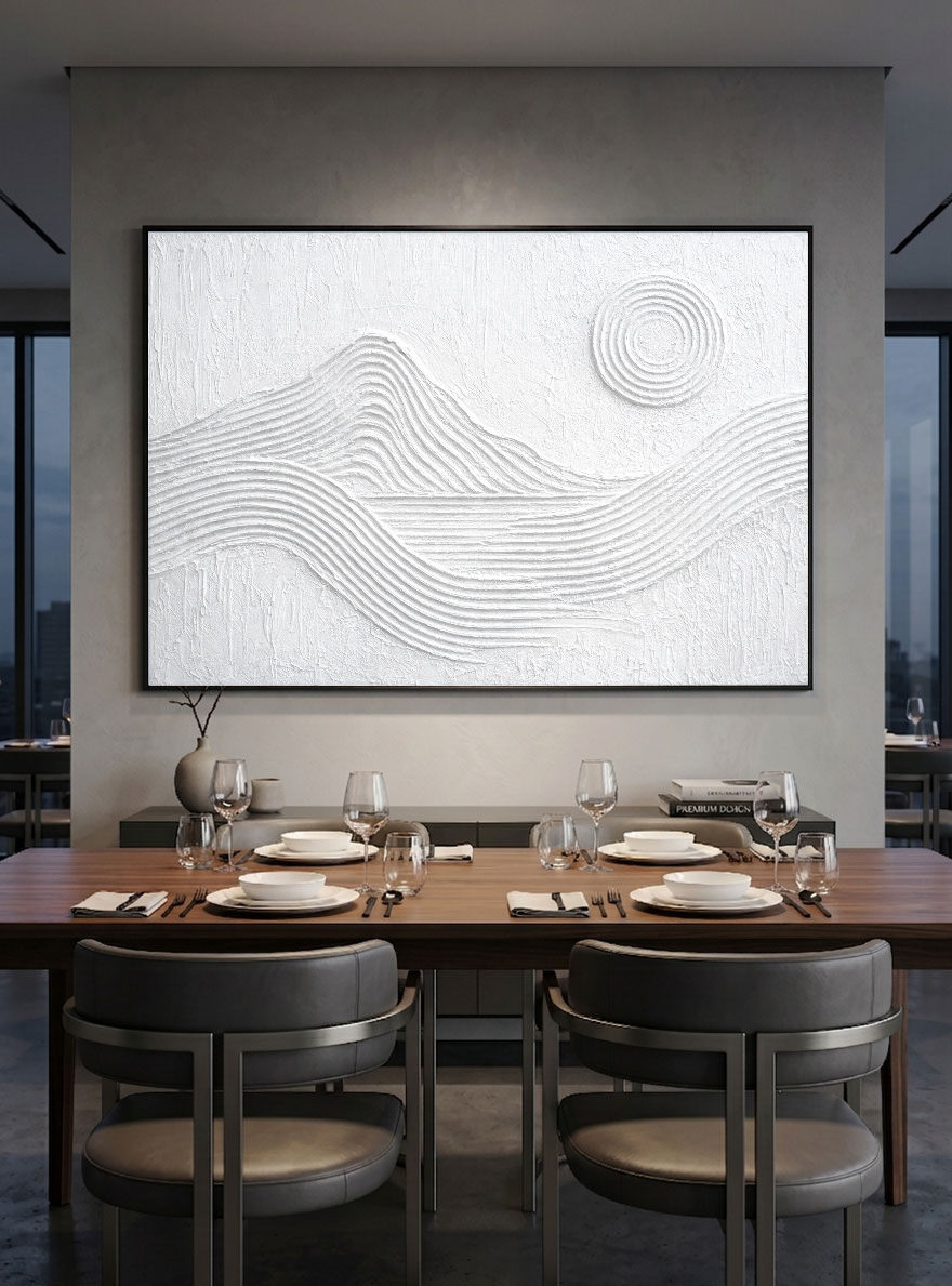Minimalist White Textured Abstract Mountain Sun Line Landscape Framed Wall Art for Modern Contemporary Home Office Decor