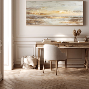 Large Framed Abstract Textured Sunset Seascape Wall Art, Modern Coastal Beige Brown White Gold Canvas Painting, Thick Impasto Knife Stroke Artwork for Living Room Bedroom Office Hallway Dining Room Home Decor