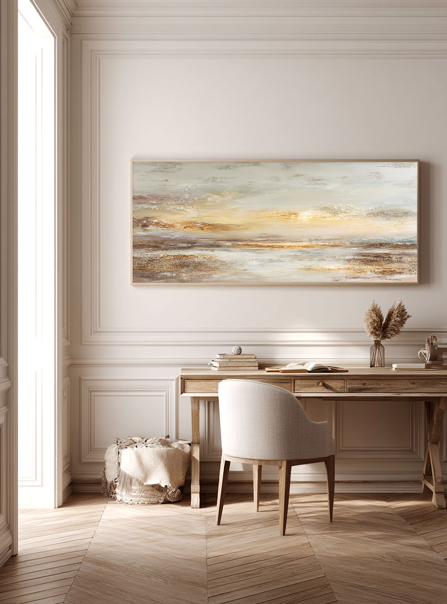 Large Framed Abstract Textured Sunset Seascape Wall Art, Modern Coastal Beige Brown White Gold Canvas Painting, Thick Impasto Knife Stroke Artwork for Living Room Bedroom Office Hallway Dining Room Home Decor